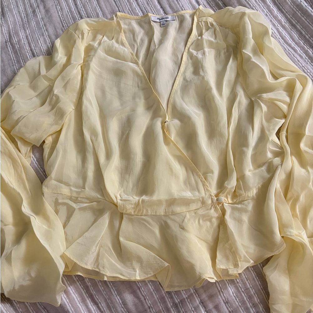 Madewell Yellow Faux Wrap Peplum Blouse V-Neck Long Sleeve Flowy Dressy Top 14